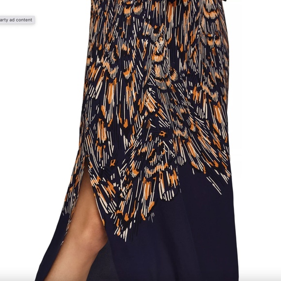 REISS Erin Abstract Feather Midi Dress V-neck Long Sleeve Size 4 Navy Gold - Picture 7 of 8